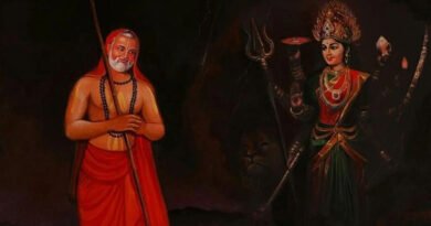 Painting of a sage with a staff and beads standing beside the goddess Durga with weapons in a dark scene