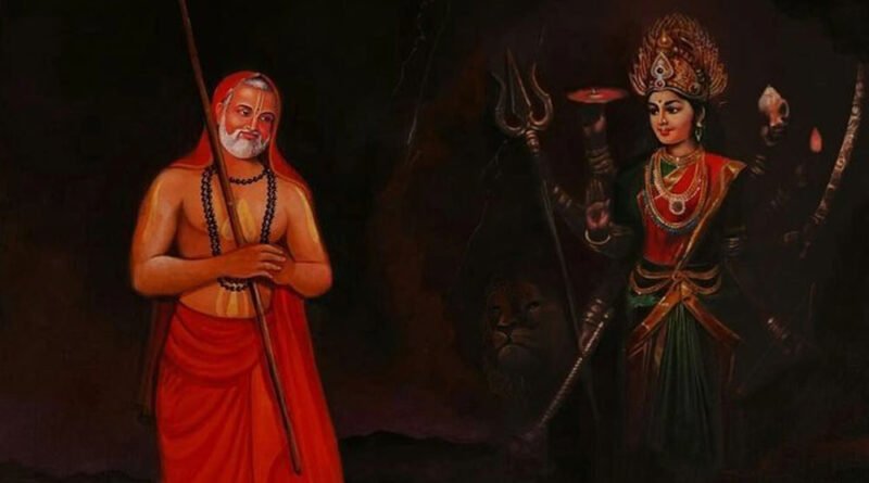 Painting of a sage with a staff and beads standing beside the goddess Durga with weapons in a dark scene.